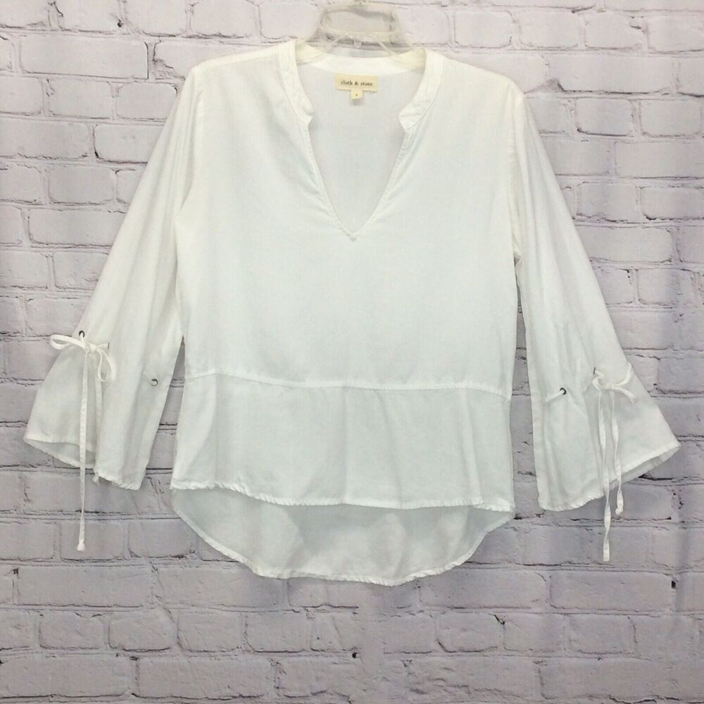 Anthropologie Cloth & Stone Boho Top White Women’s Sz S Tie Bell Sleeve High Low